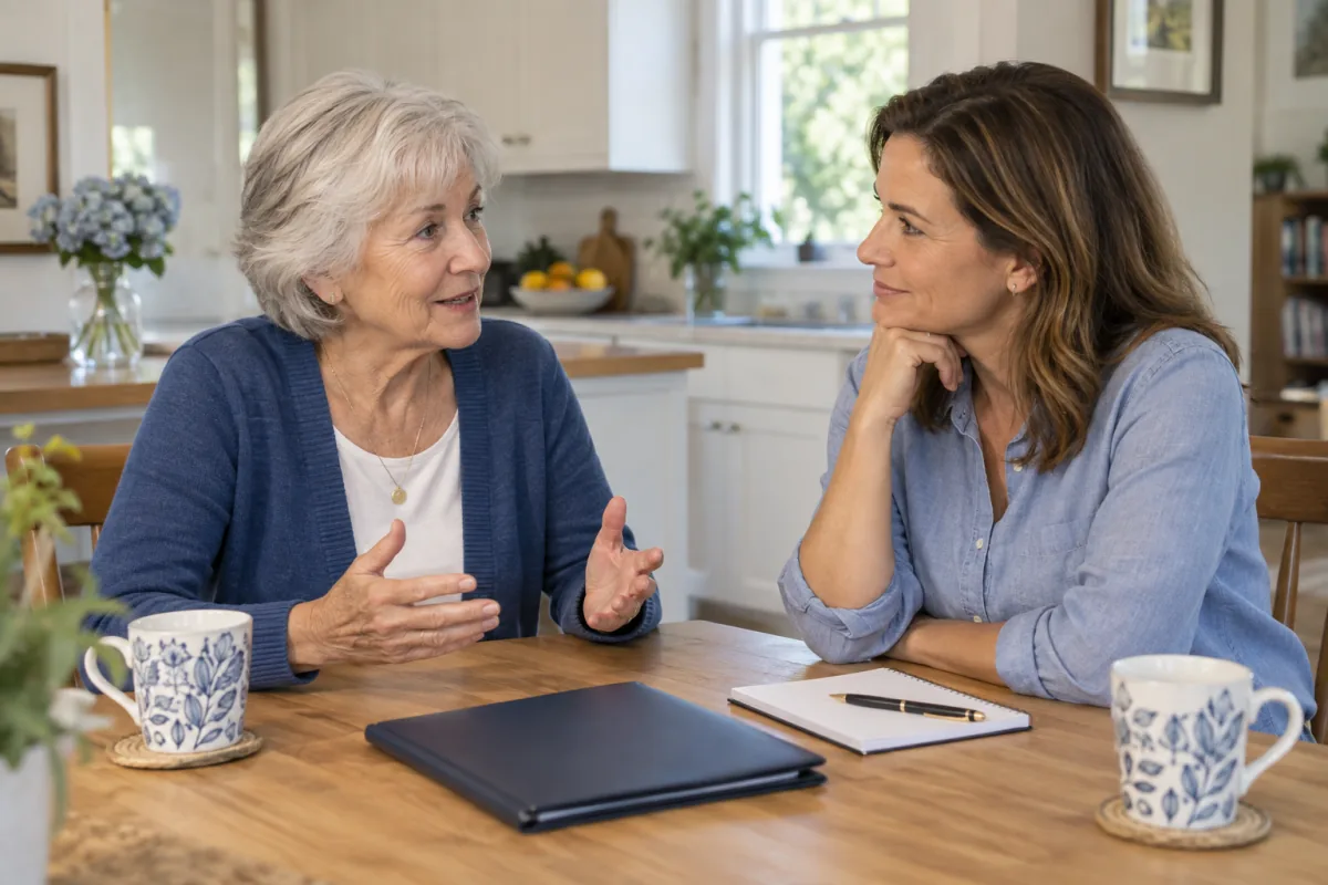 An older woman sharing healthcare preferences with her adult daughter at home.