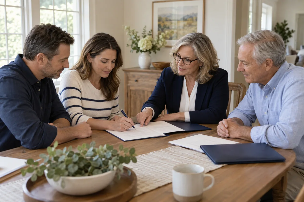 A couple reviewing documents at home with a physically present signing professional and witness.