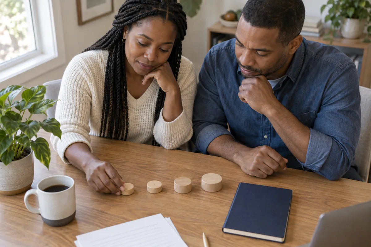 Parents considering inheritance stages with a notebook and simple wooden planning markers.