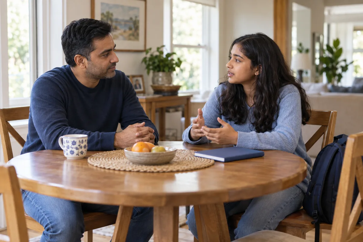 A parent and teenager discussing trusted decision-makers at their home dining table.