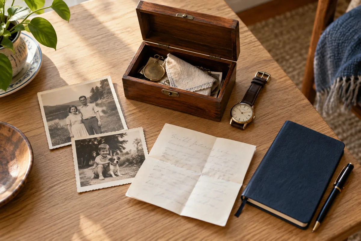 A family keepsake box, photographs, letter, and notebook arranged for personal-property planning.