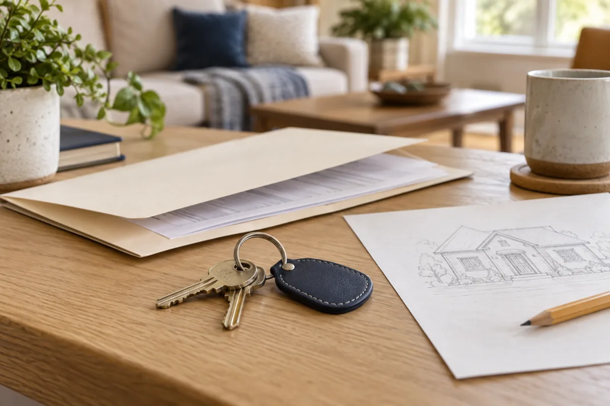 House keys, an ownership-planning folder, and a simple home sketch arranged on a wooden desk.