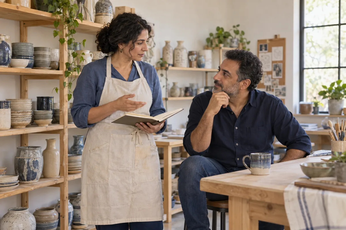A small-business owner and spouse discussing future plans in an unbranded pottery studio.