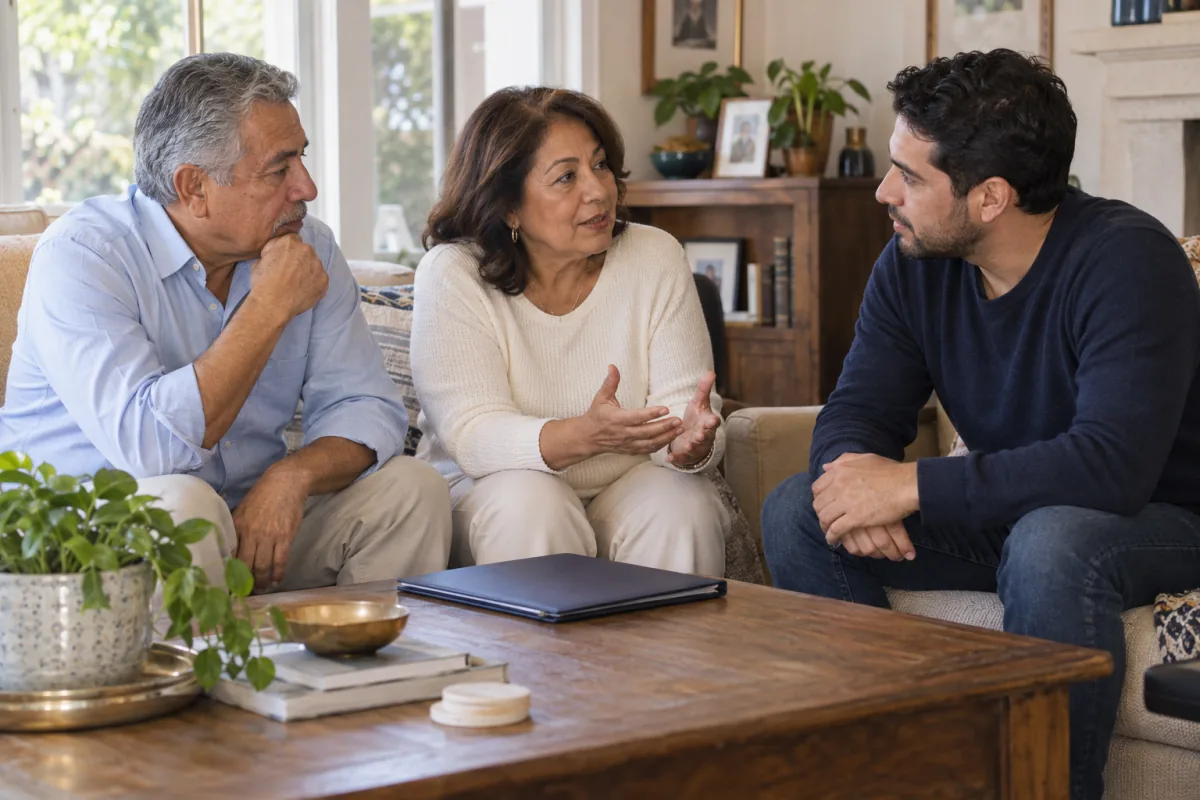 An older couple discussing family plans with their adult son in a comfortable living room.