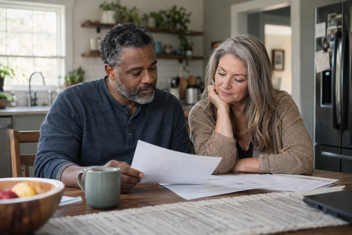 A mature couple reviewing household planning papers together at their kitchen table.