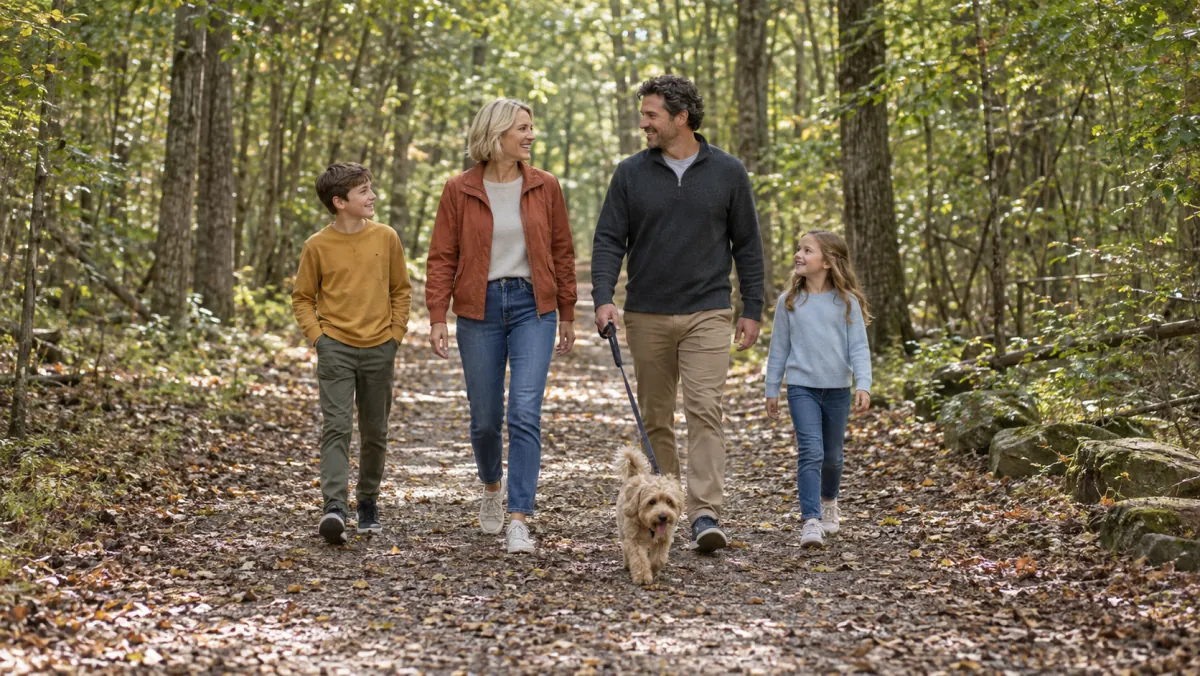 Parents and two children walking their dog along a wooded trail.