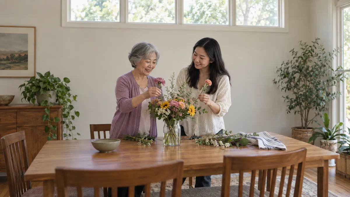 An older woman and her adult daughter arranging flowers at a dining table.