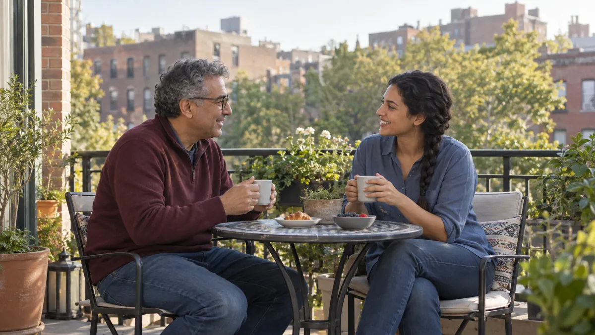 A father and his adult daughter sharing coffee on a balcony.