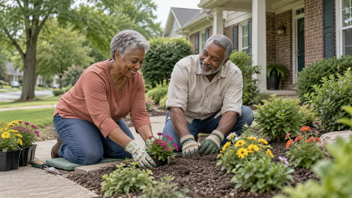 An older couple planting flowers beside their front walkway.