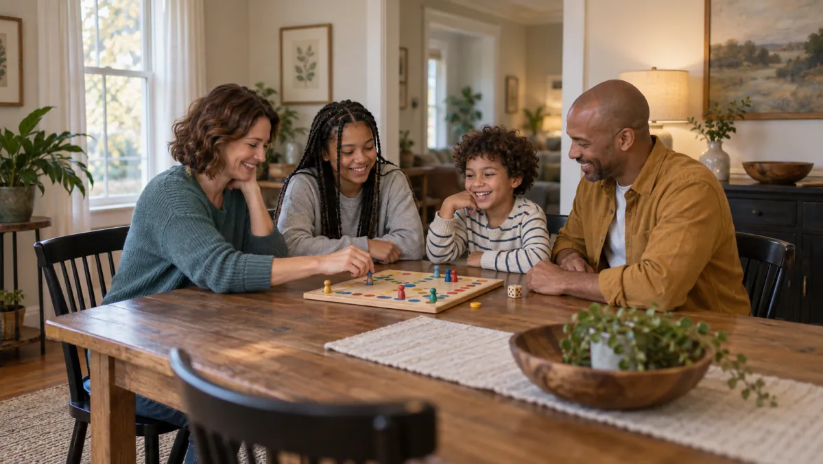 Two adults and two children enjoying a board game at a dining table.