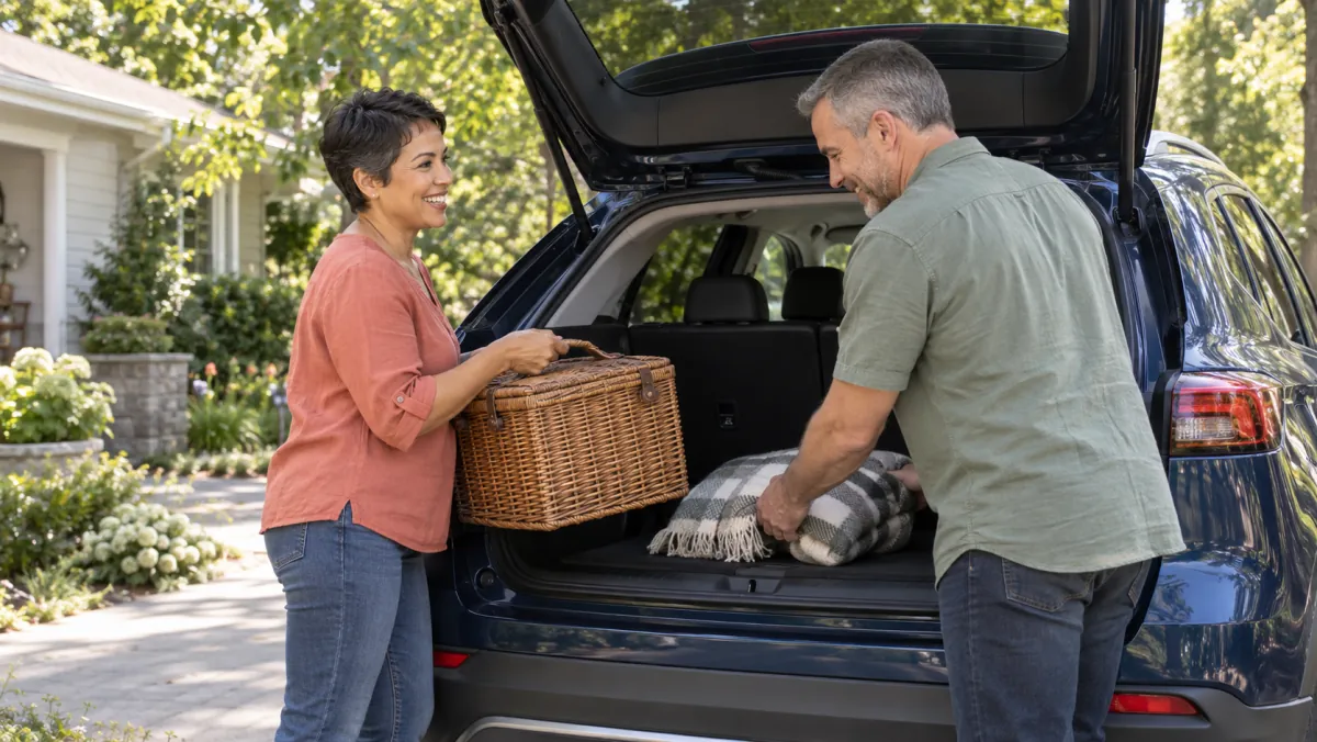 A couple placing a picnic basket and blanket in the back of their car.