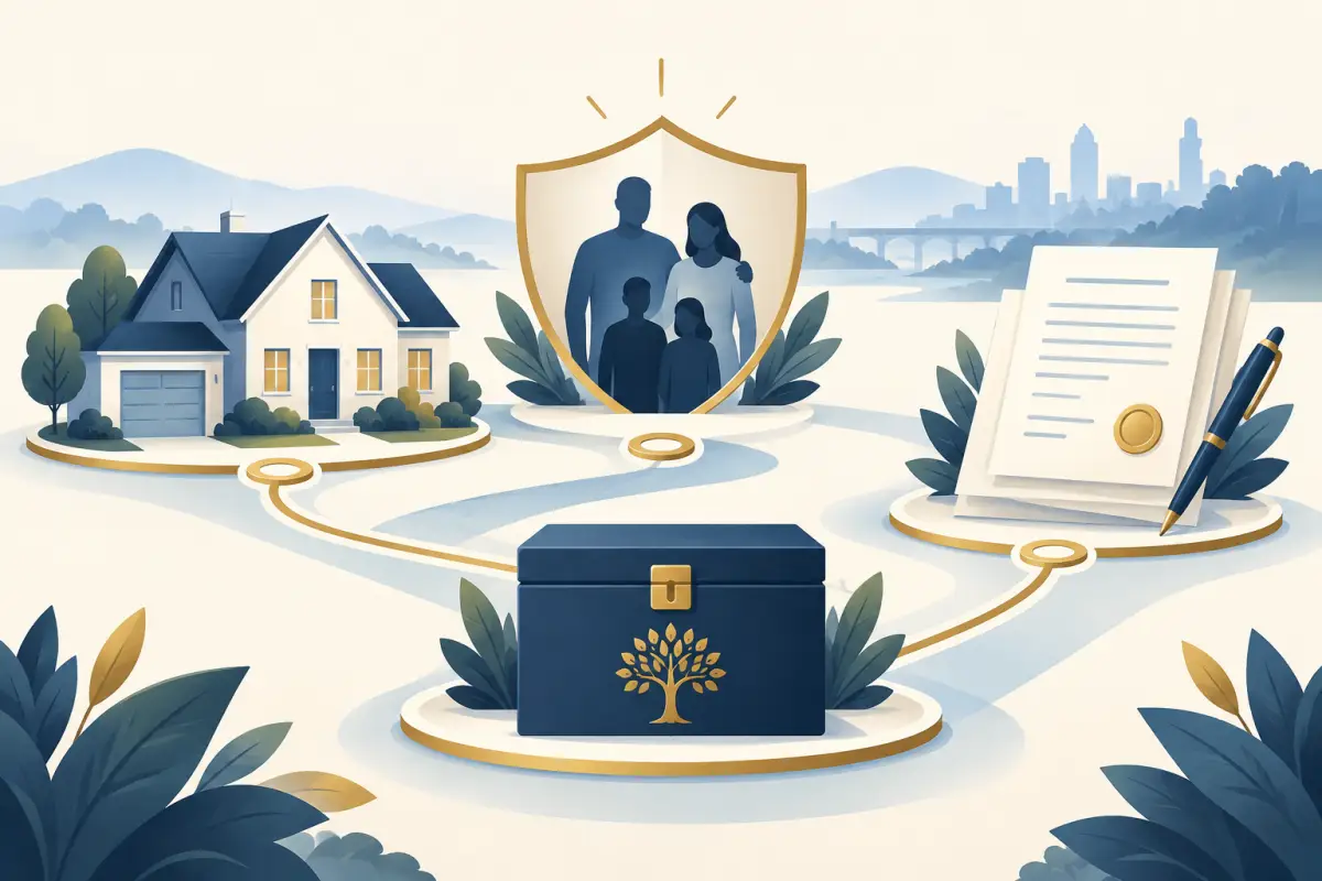 Illustration of a home, family protection, legal documents, and a trust connected as parts of an estate plan