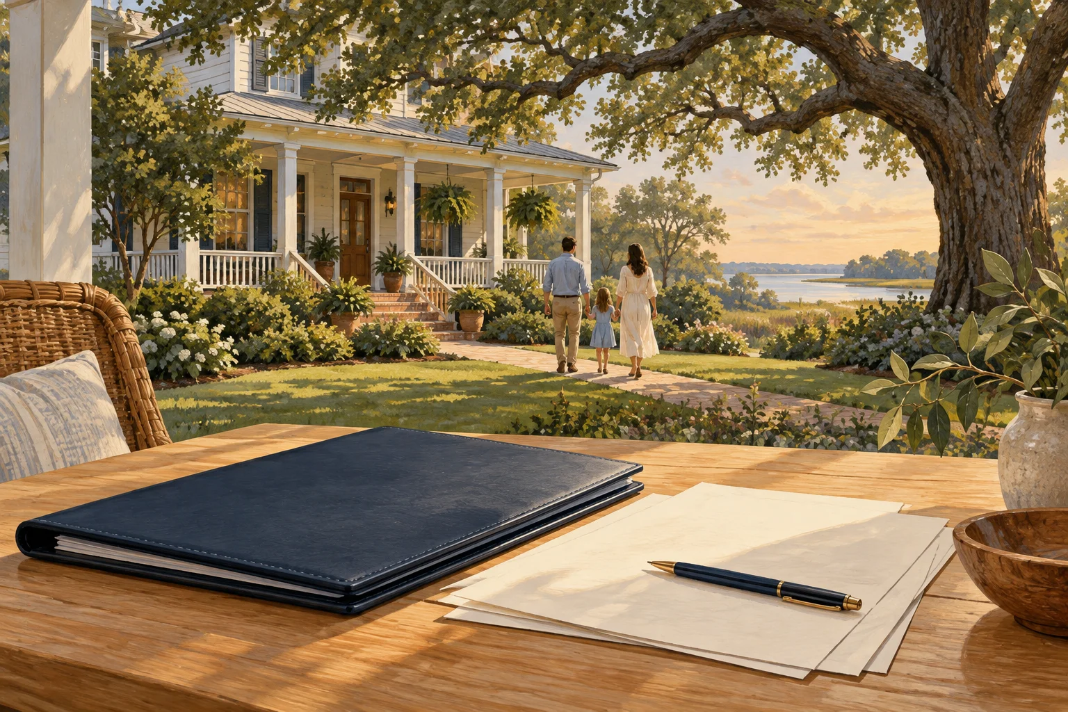 Illustration of a Carolina home and family, with a planning folder in the foreground