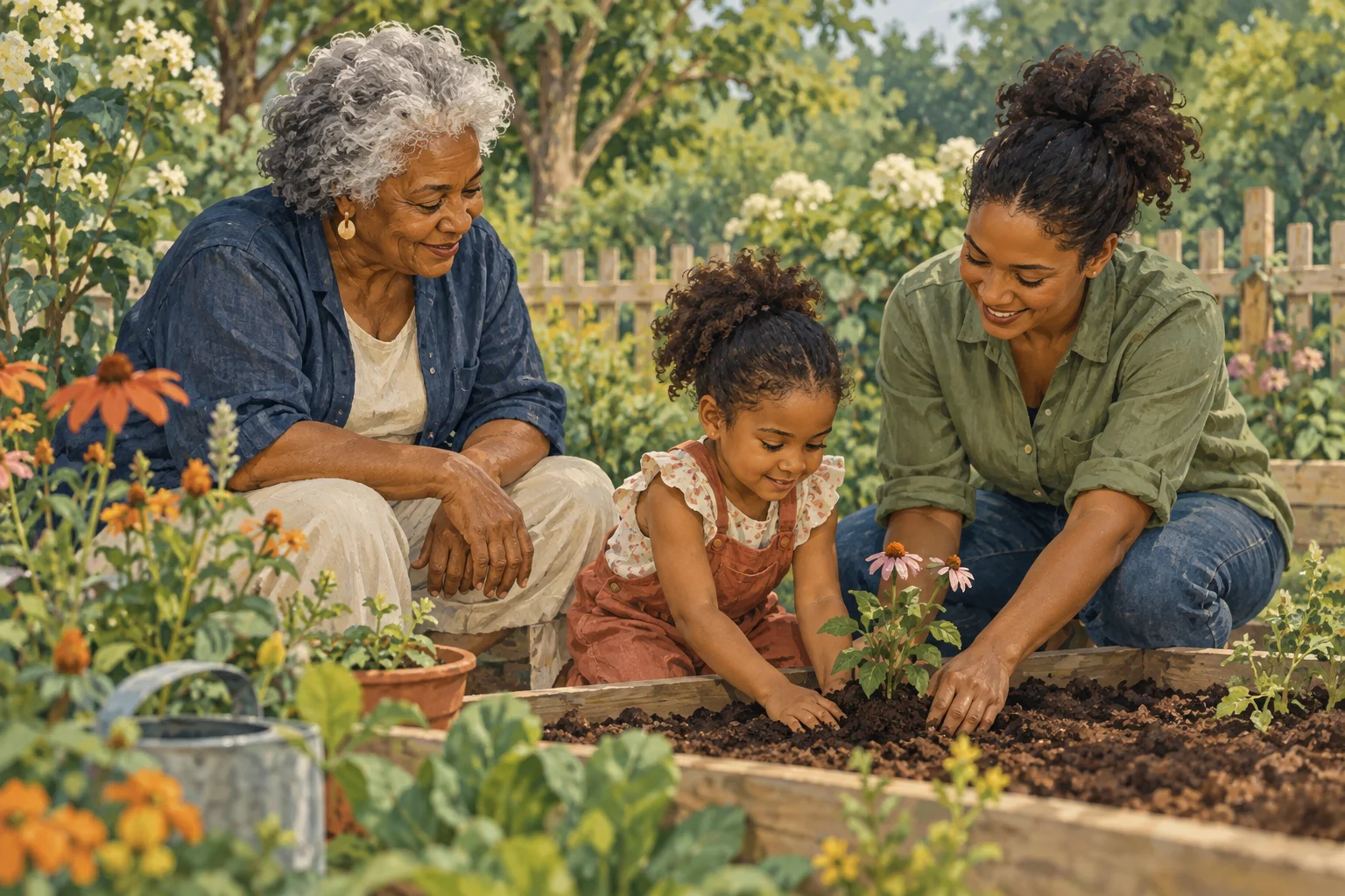 Illustration of a grandmother, mother, and child planting flowers together