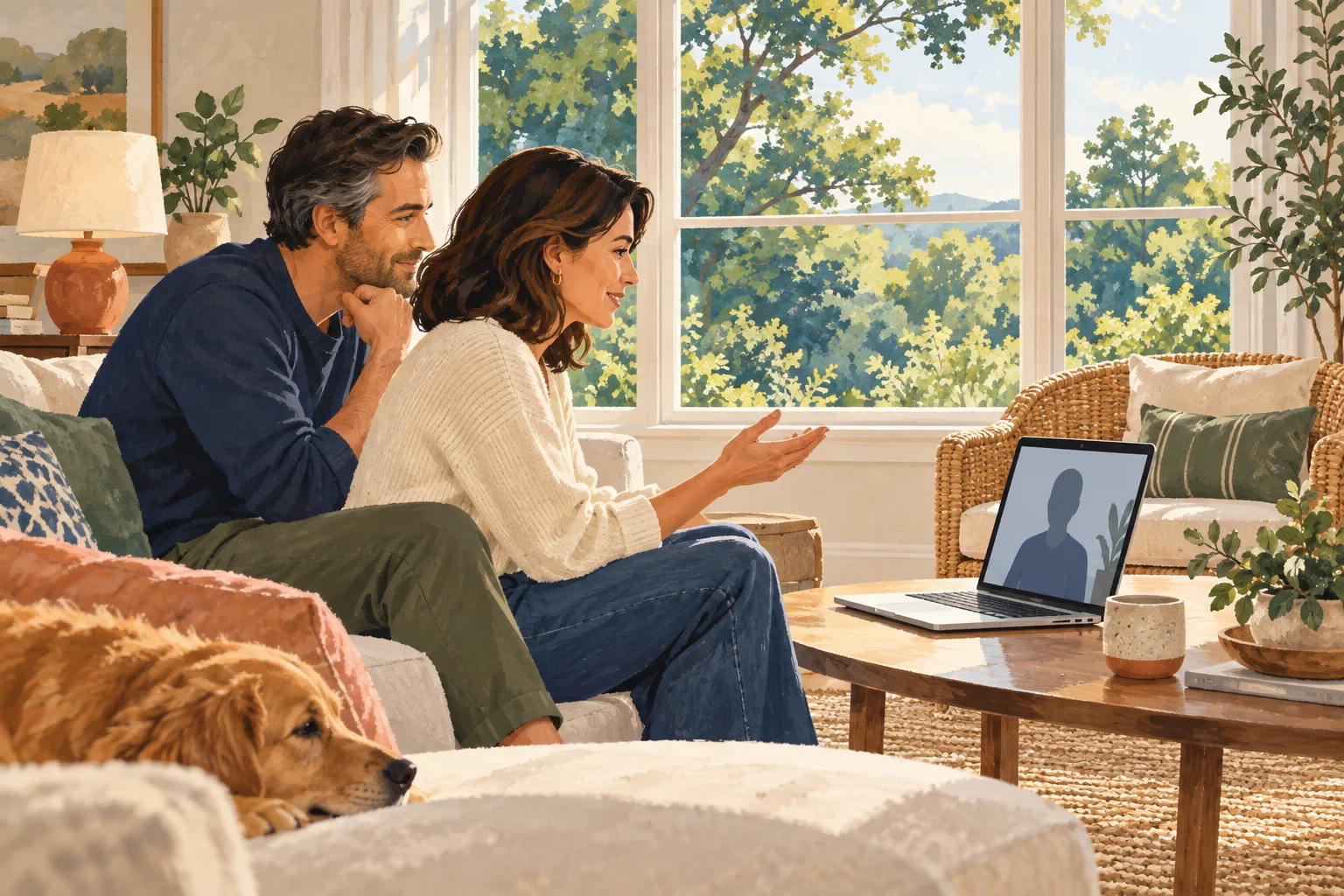 Illustration of a couple discussing estate planning during a video consultation at home