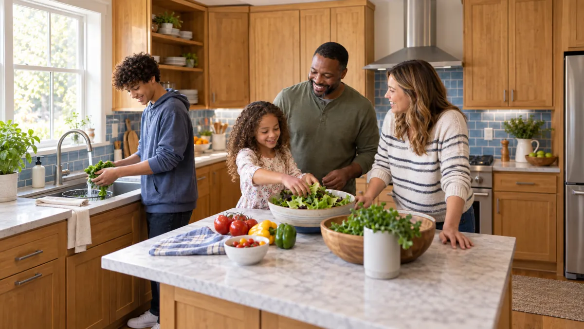 Two parents and two children preparing a meal in a kitchen.