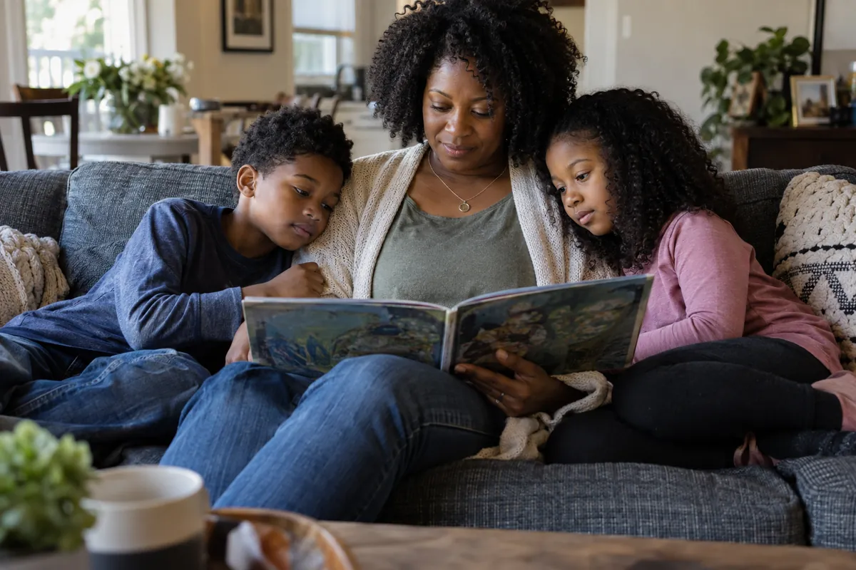 A mother and two children reading a picture book together on their living room sofa.