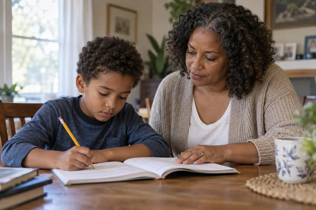 Adult helps a child with homework at a dining table.