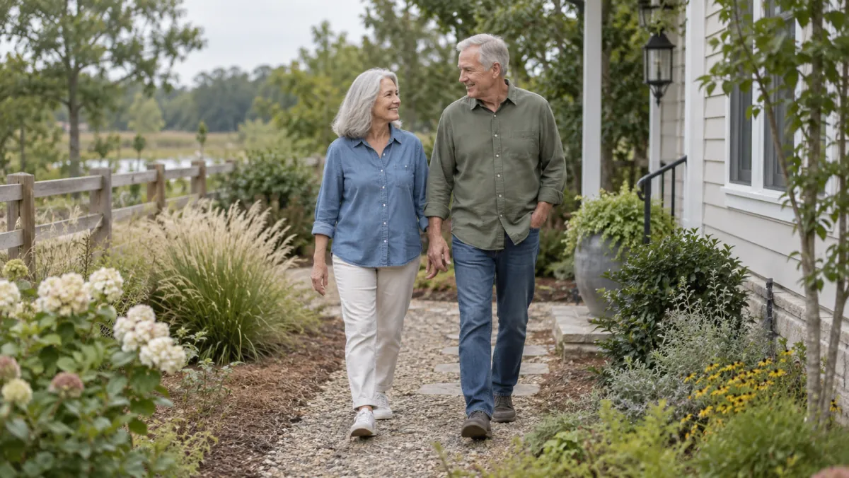 An older couple walking together along a garden path.