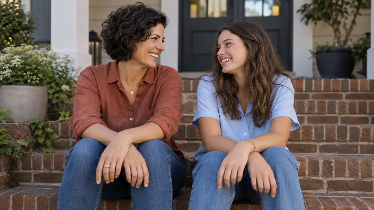 A mother and teenage daughter smiling together on front steps.