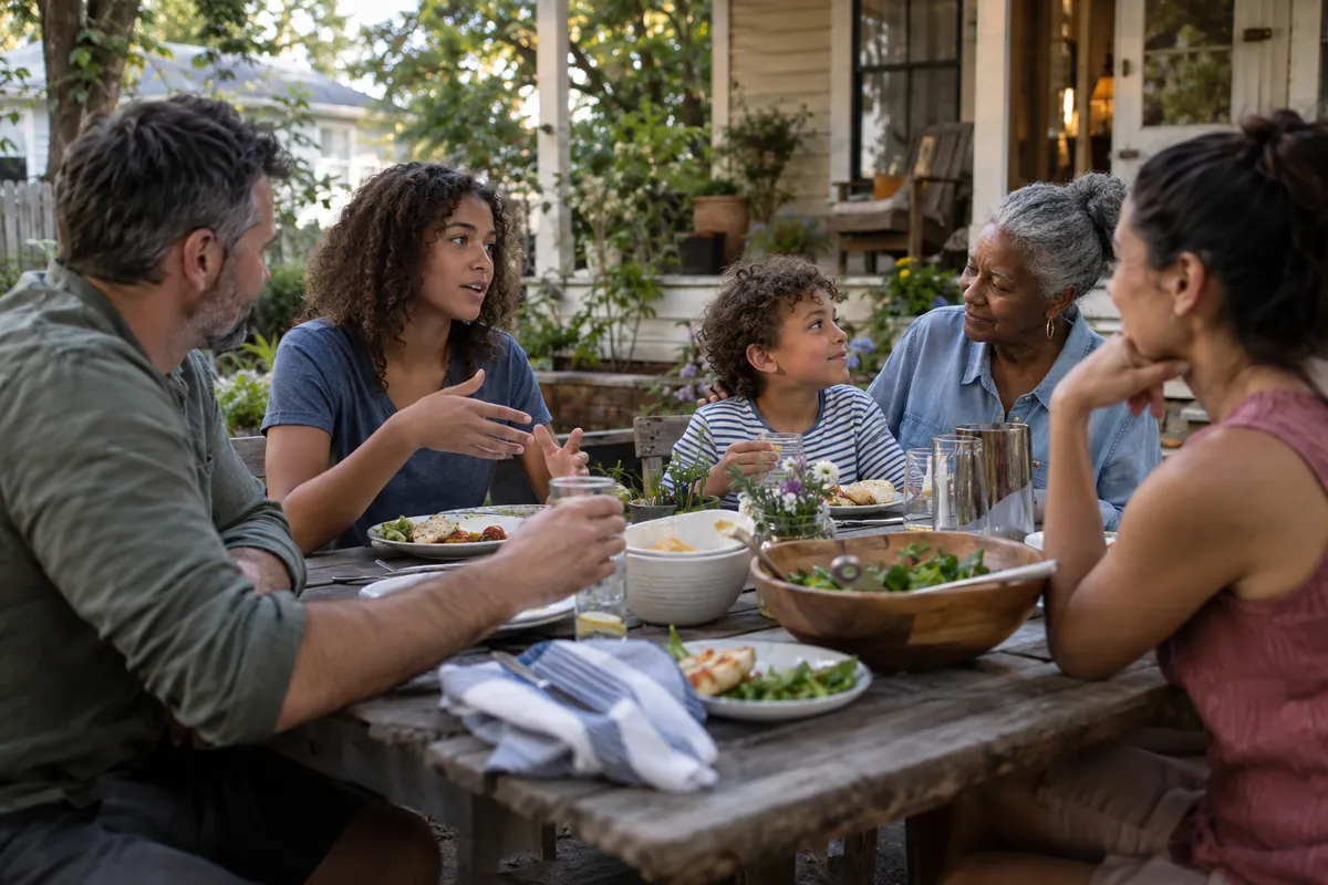 Adults, a teenager, a younger child and a grandparent sharing a meal at a backyard table.