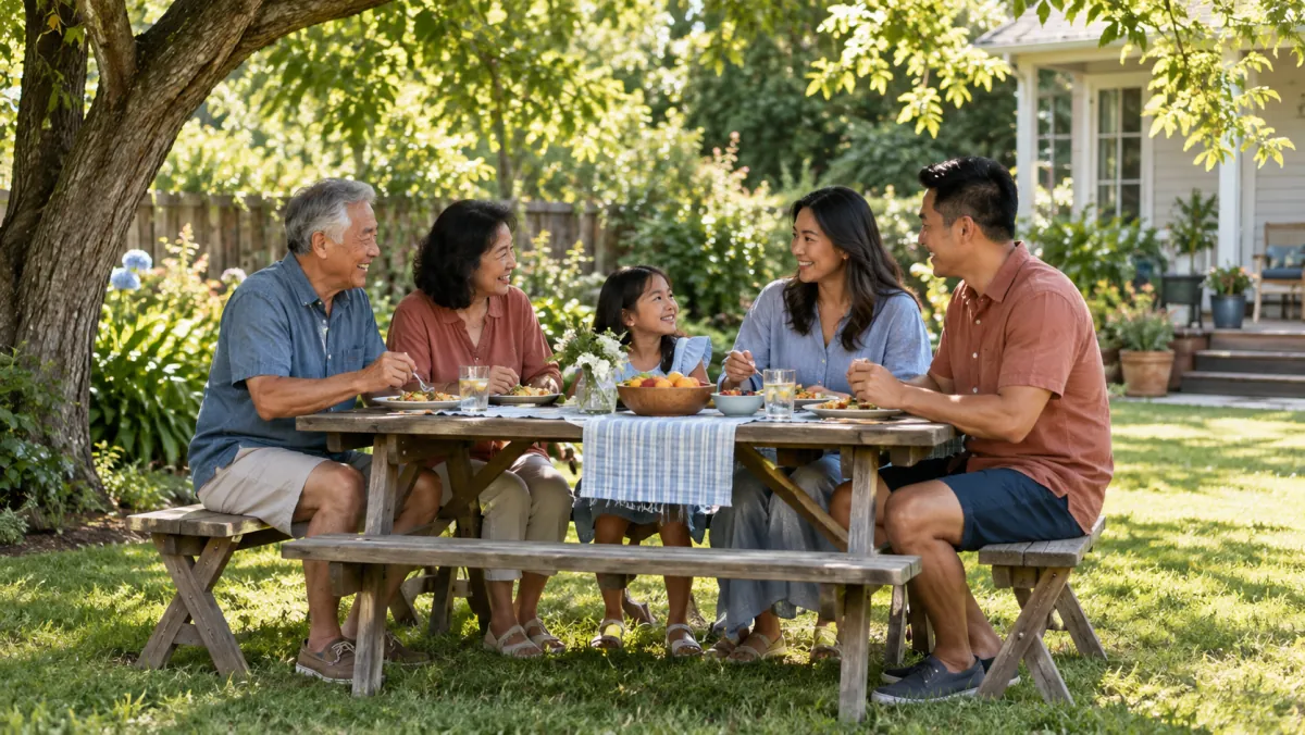 Grandparents, parents and a child sharing an outdoor meal.