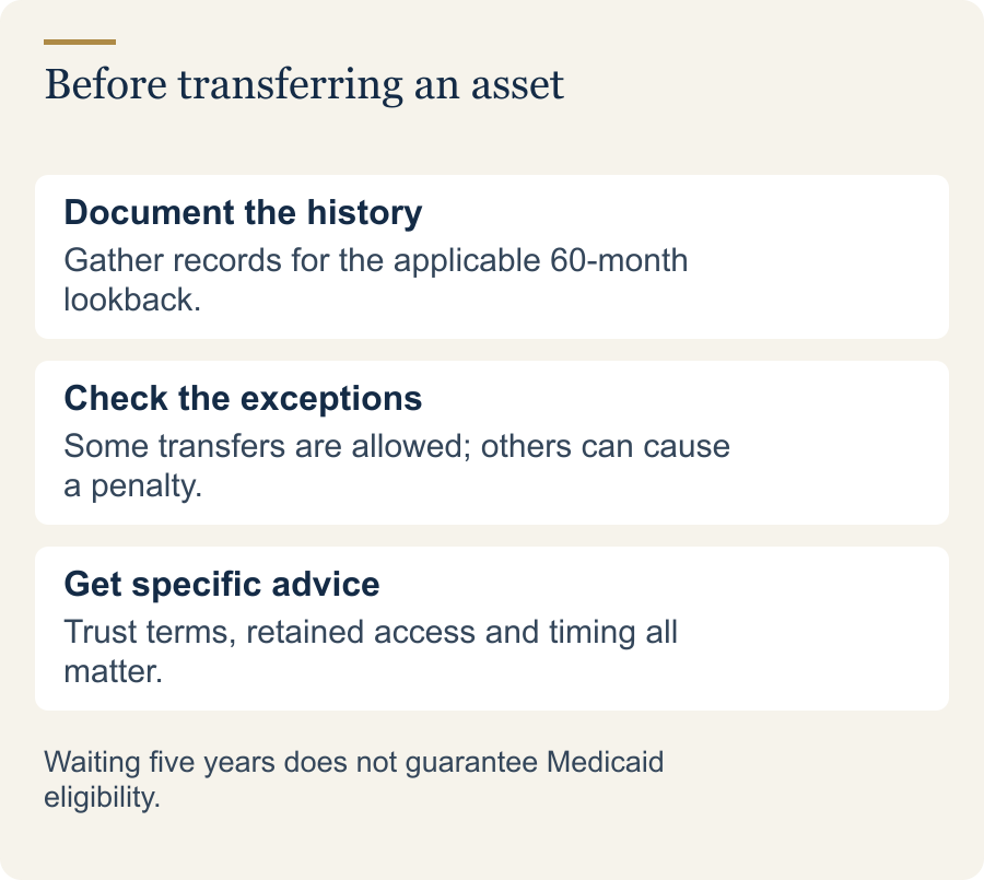 Document the history: Gather records for the applicable 60-month lookback. Check the exceptions: Some transfers are allowed; others can cause a penalty. Get specific advice: Trust terms, retained access and timing all matter.