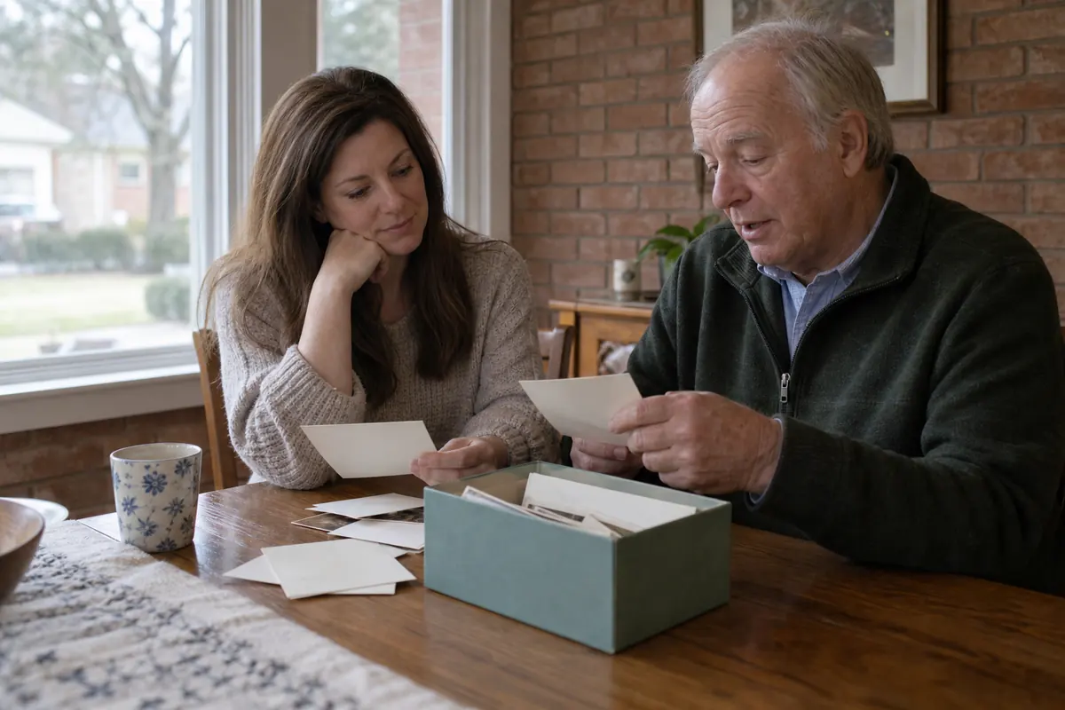 Adult daughter and older father sorting family photographs at a dining table.