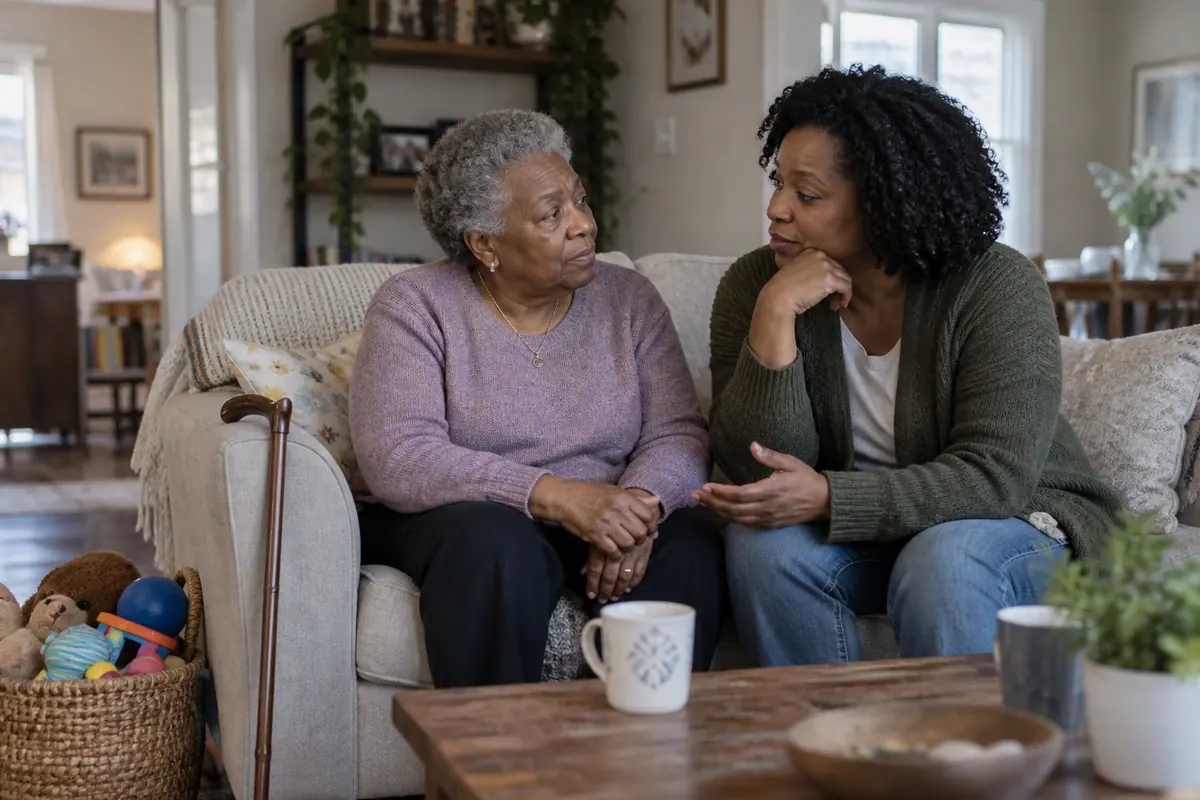 Adult daughter talking with her older mother at home, with a cane beside the sofa.