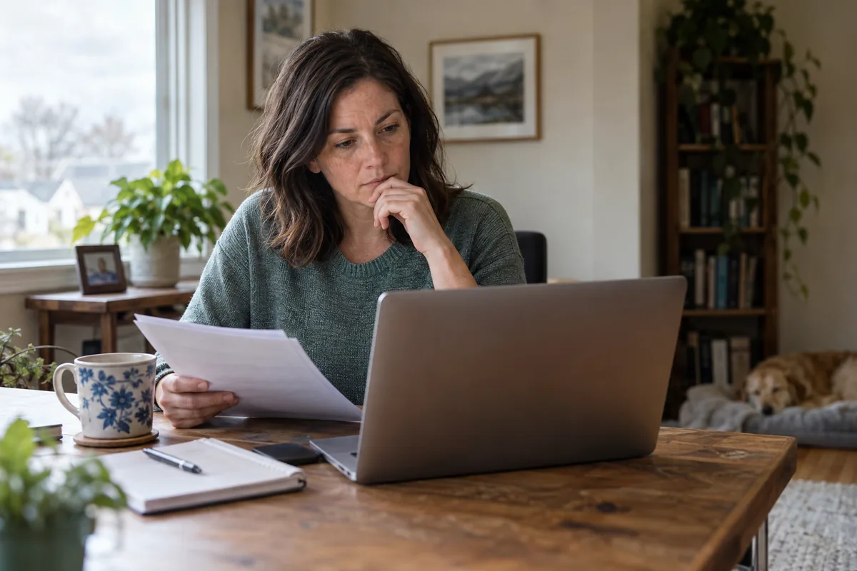 Woman reviews documents beside a laptop in a home office.