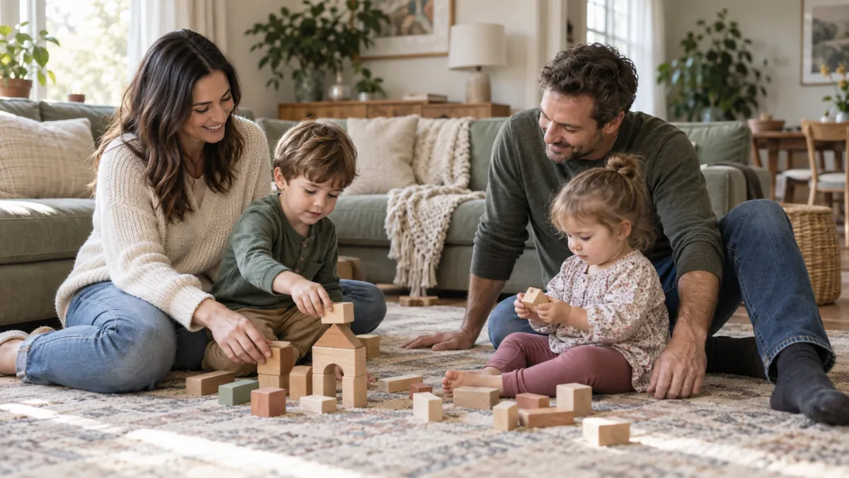 Parents playing with two young children on a living-room rug.