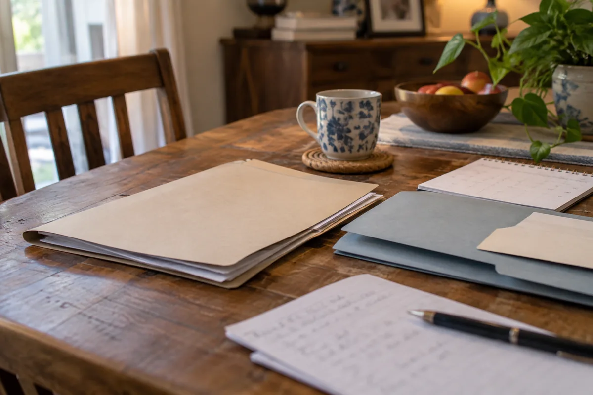 Paper folders, notes and a calendar arranged on a home dining table.