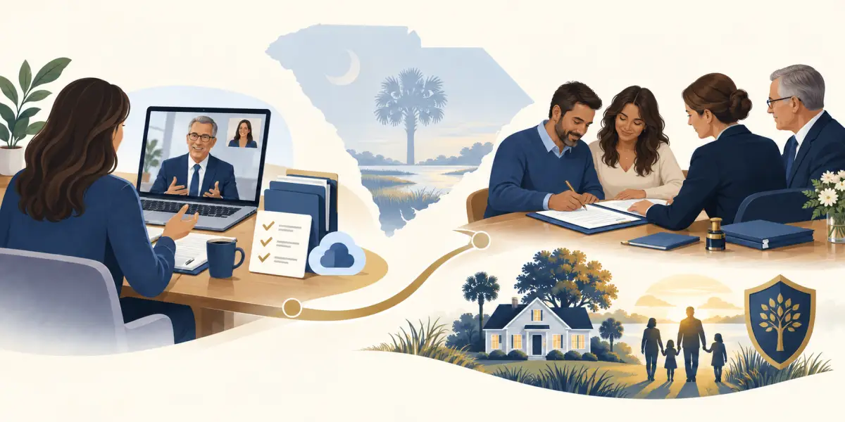 Illustration of a virtual planning meeting followed by an in-person signing for South Carolina parents