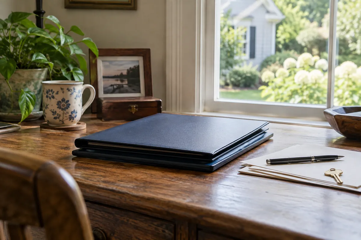 Plain planning folders, papers, a pen and a house key on a wooden desk beside a sunny window.